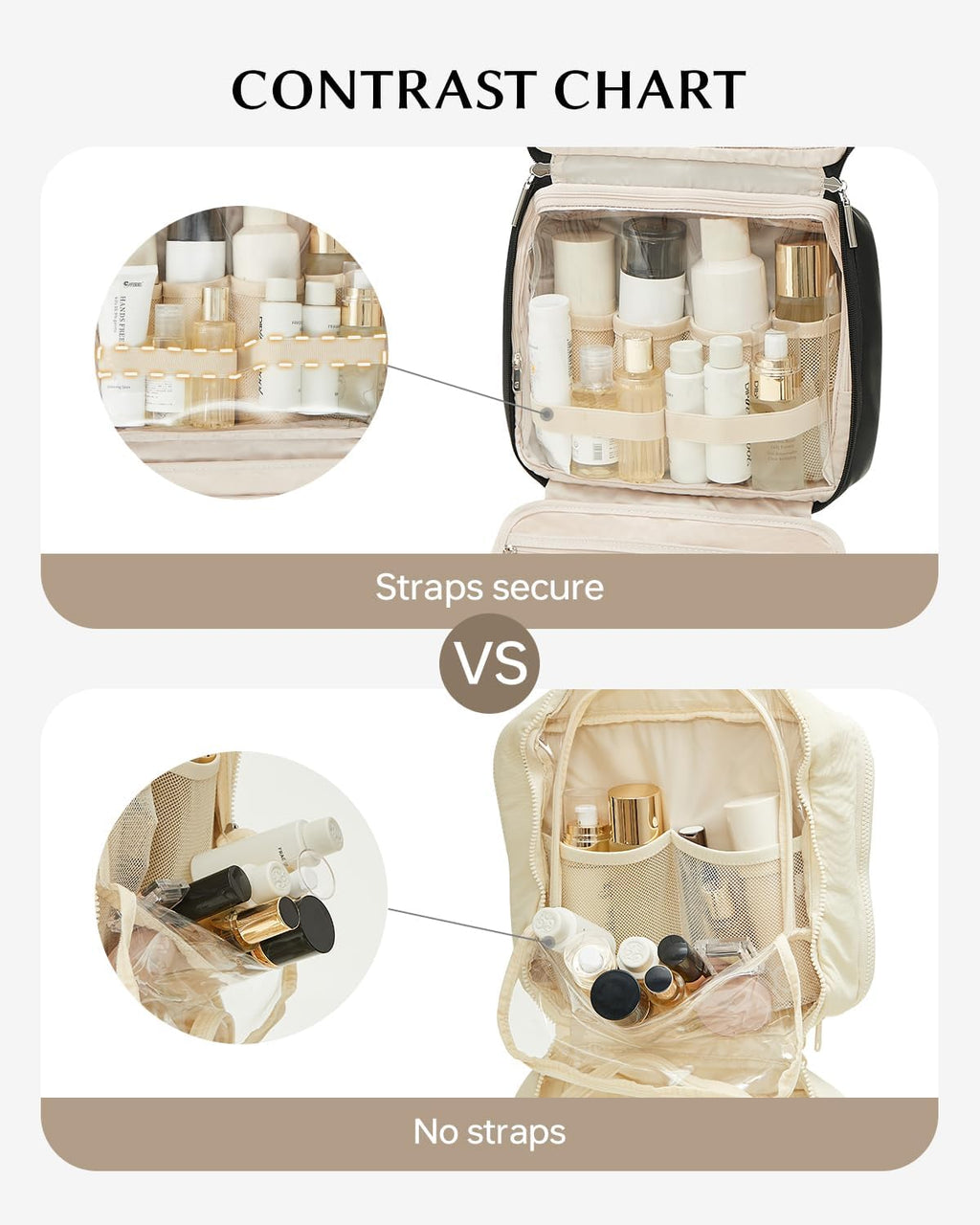 EACHY Toiletry Bag with Hanging Hook, Travel Makeup Bag PU Leather Cosmetic Bags for Women Make Up Organizer with 4 Compartments Waterproof Full-Size Portable Travel Essentials (Black，Pro)