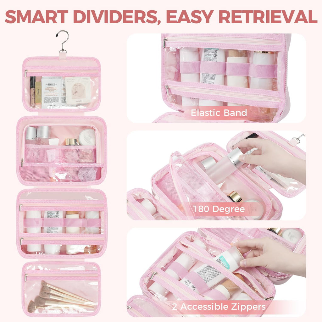 Toiletry Bag For women,Portable Hanging Organizer,4 Leakproof Compartment for full-sized Conditioner, Brushes Set, Makeup Accessories,Visible and easy to access.L-pink