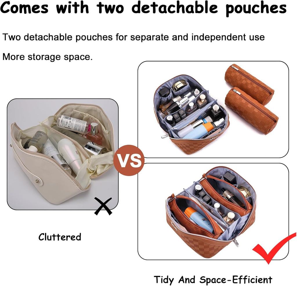 Travel Makeup Bag Organizer Cosmetic Bag: 3 Pcs Set Make up Bags for Women with Handle - Waterproof Vegan Leather Toiletry Bags with Comparments (C-10-Brown)