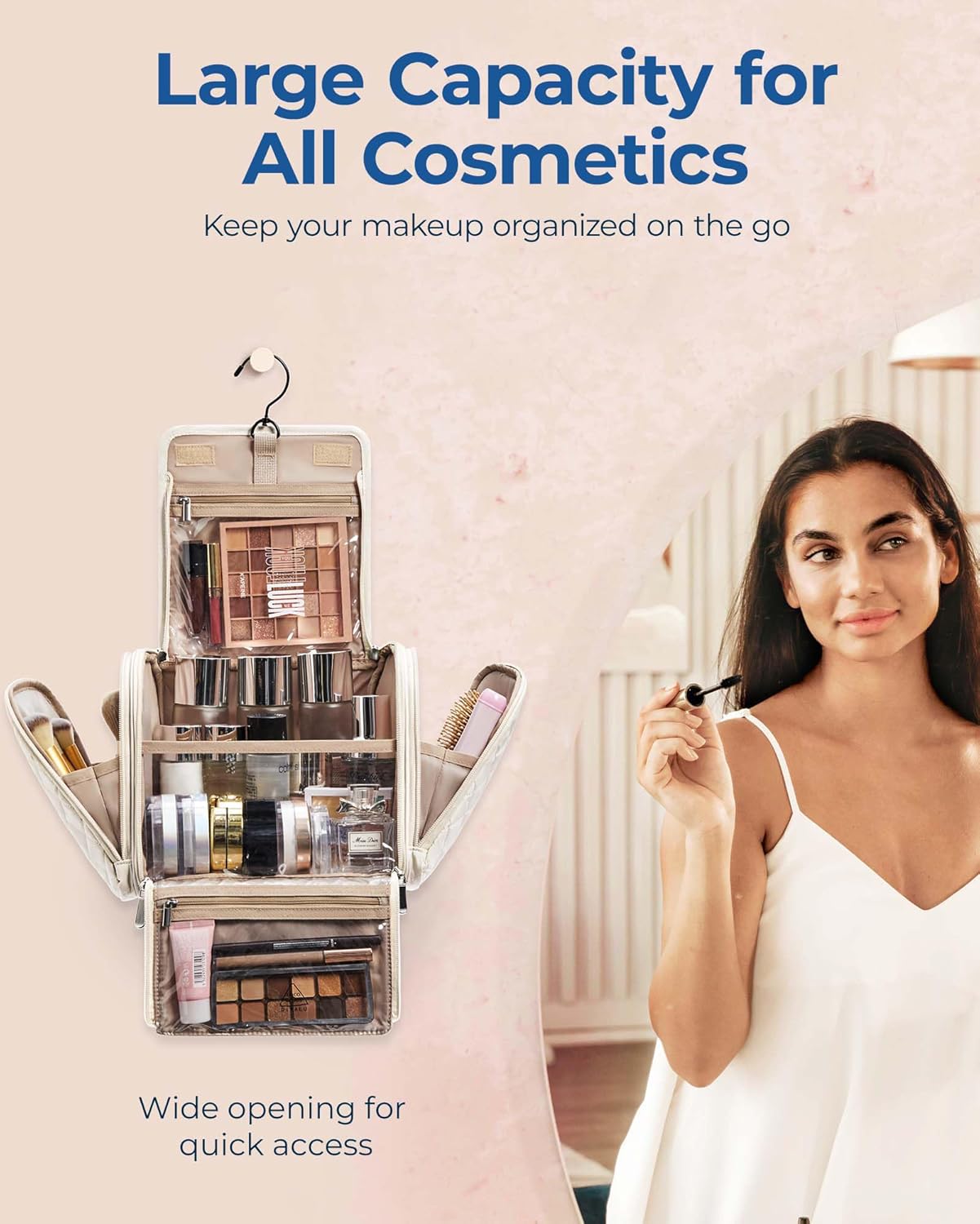 BAGSMART Toiletry Bag Travel Makeup Bag with Hanging Hook, Cosmetic Bag Make Organizer Case, Large Capacity Water-resistant Organizer for Toiletries Accessories Brushes Sponge, Beige