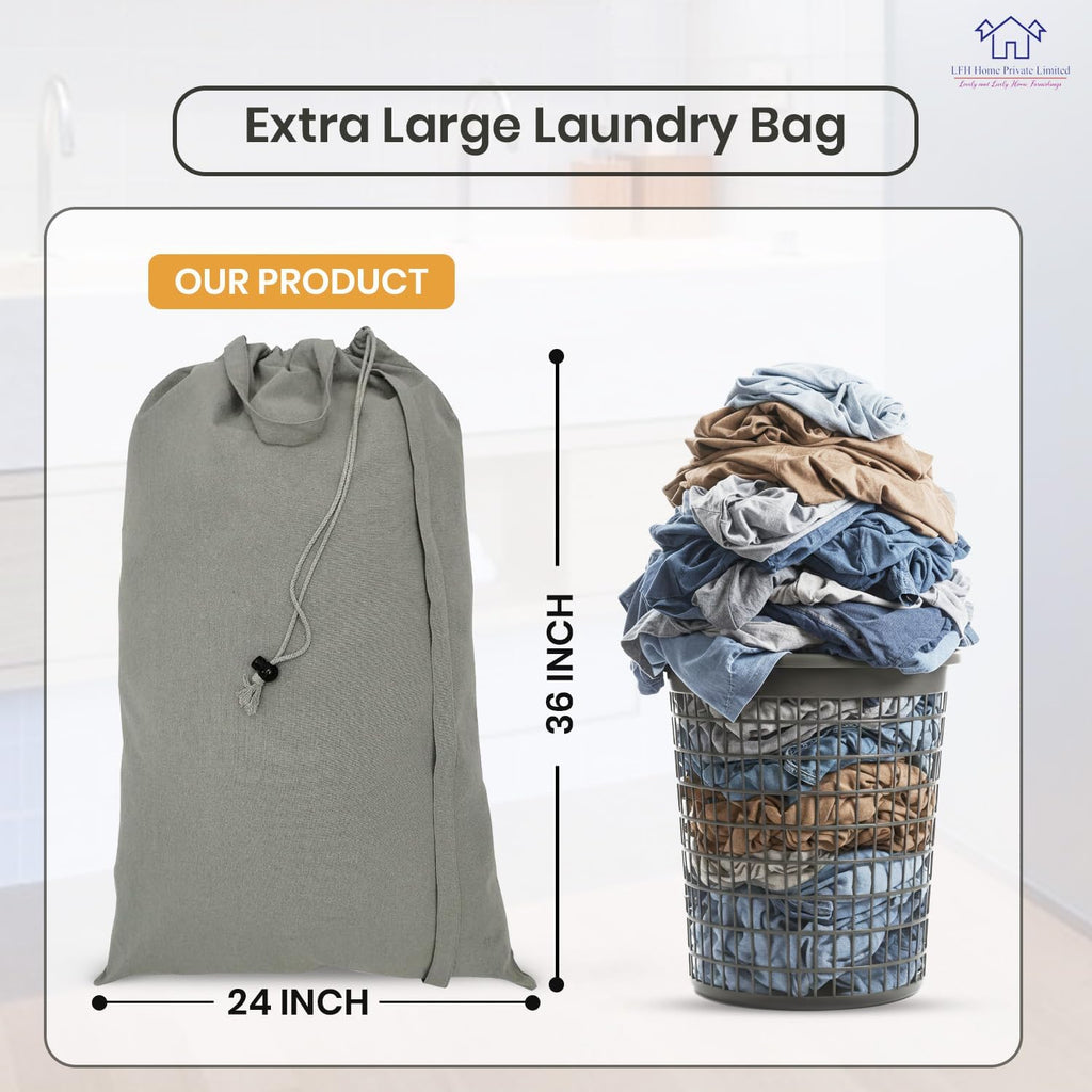 LFH Home Cotton Canvas Extra Large Laundry Bag with Handle, Heavy Duty Drawstring Closure Washable Laundry Bags, School Travel, Home, Hotel, College Dorm, Organizer Sack, Toys Clothes 24x36-Grey