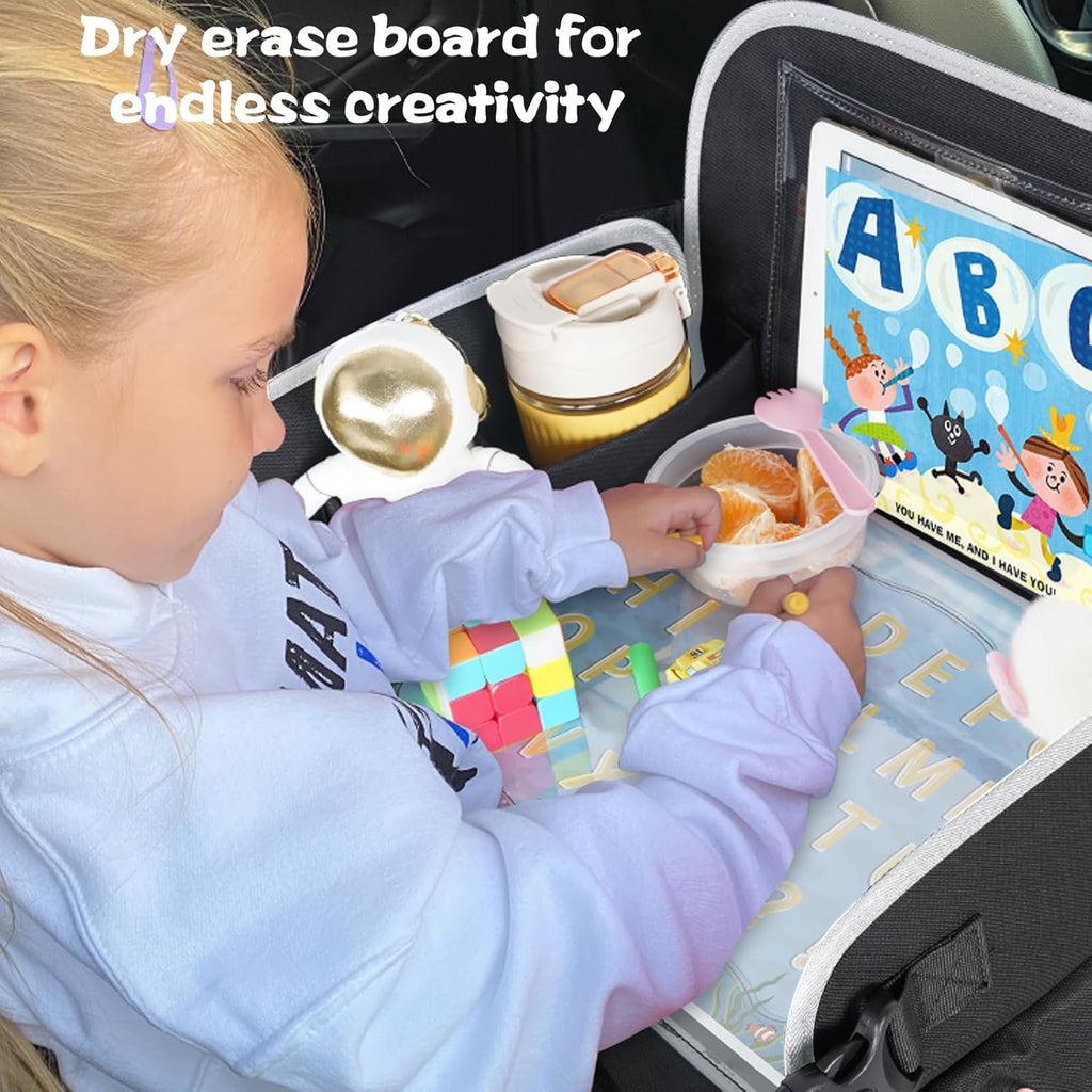 MENZOKE Car Seat Tray for Kids with Large Educational Drawing Board, Tablet Stand & Cooler Cup Holder, Essential for Family Road Trips, Airplane Rides & Daily Commutes, Black