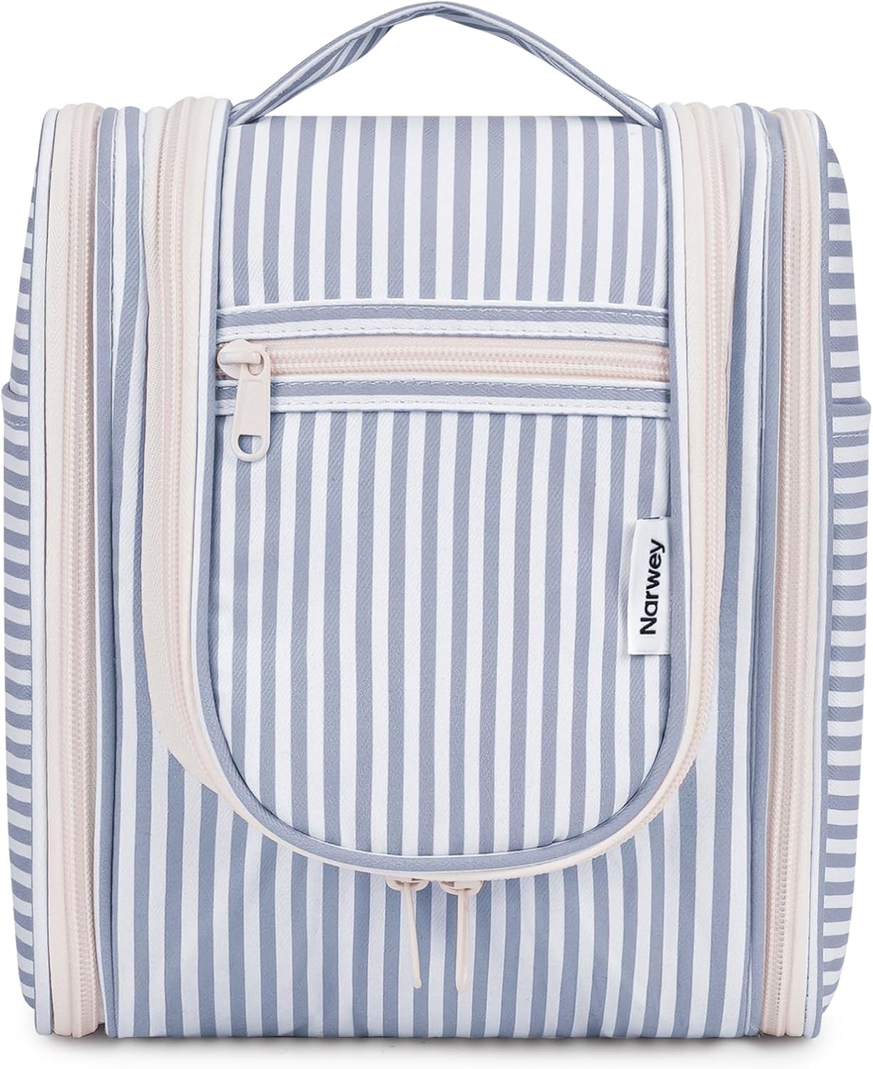 Narwey Small Striped Hanging Travel Toiletry Bag for Women, Travel Bag for Toiletries, Makeup Bag Organizer Cosmetic Bags Make Up Bags for Women (Greyish Blue Stripe)