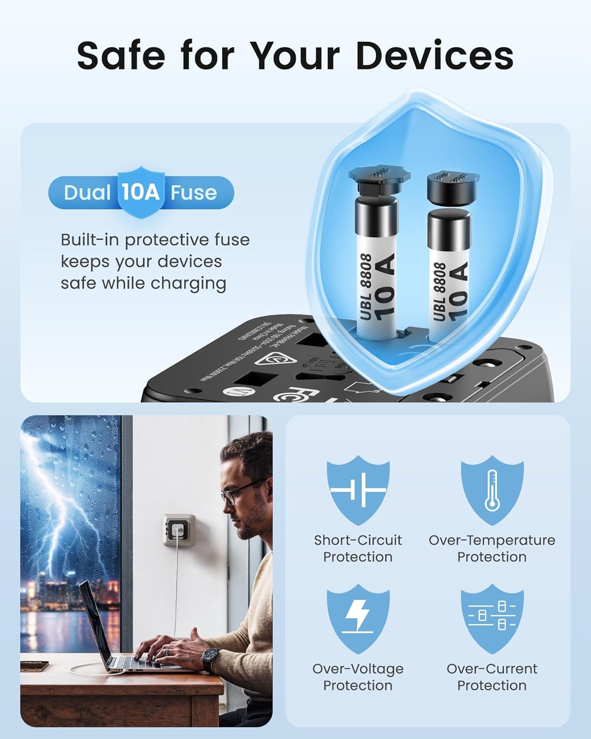 LENCENT Universal Travel Plug Adapter,International Power Adaptor with Dual AC Outlet, Worldwide Wall Charger for US to Europe UK Iceland Spain Italy France Australia(Type C/G/A/I),Black