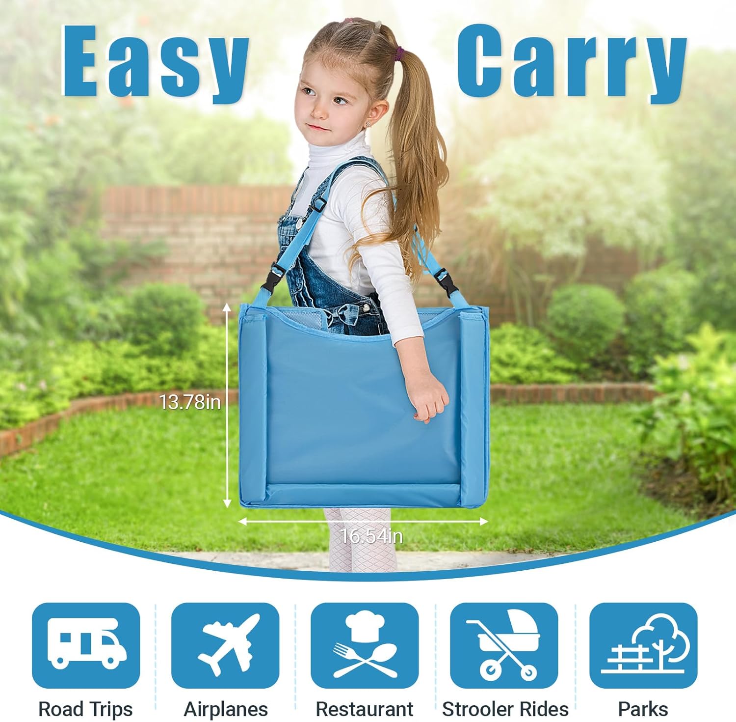 Children Auto Lap Pad - Travel Tray Tablet Holder，Car Seat Lap Tray for Toddlers, Kids，Use on Airplanes, Road Trips, Lap Desk，Tablet Holder and Carry Bag (Blue)