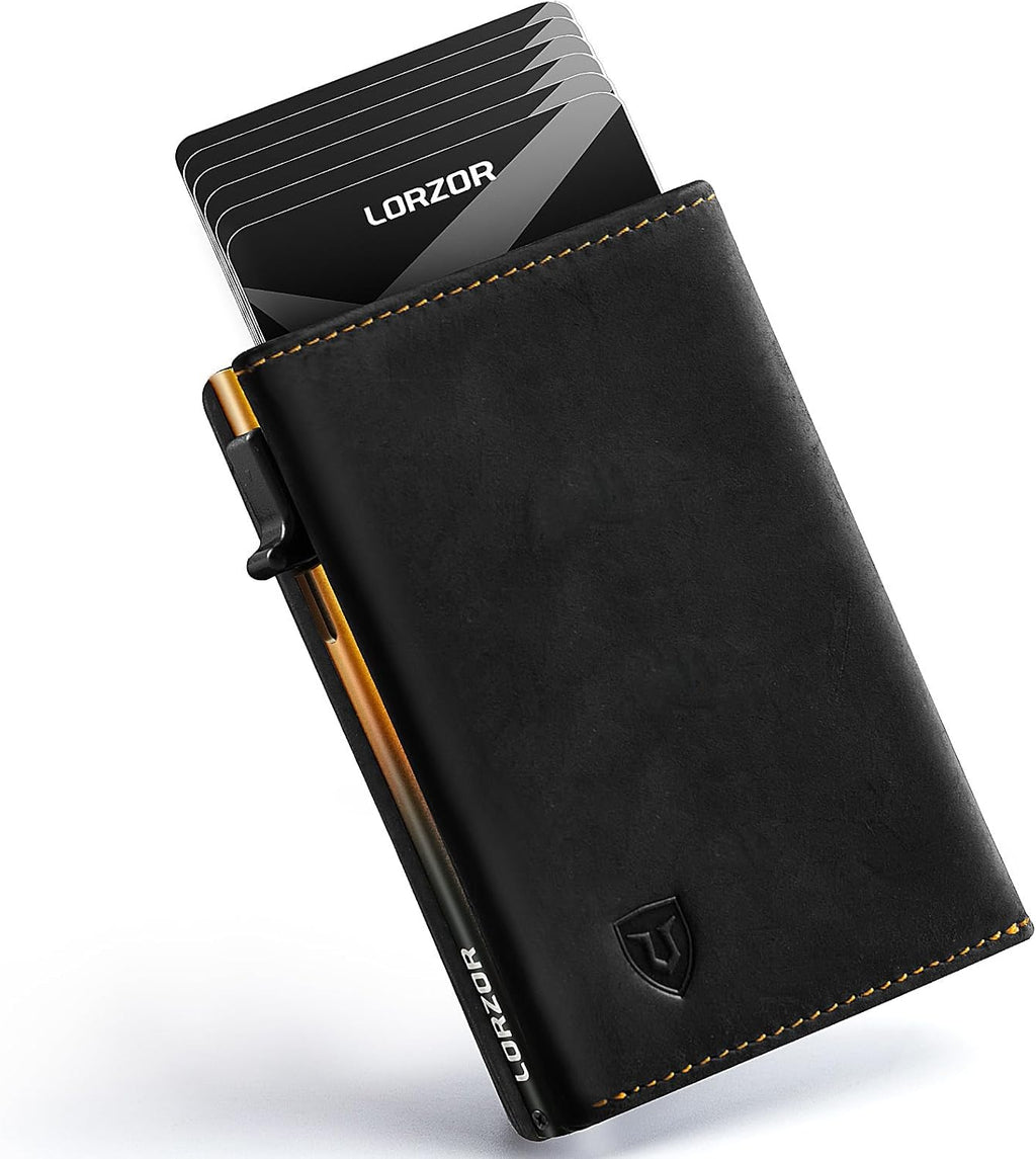 LORZOR Minimalist Wallet for Men with Credit Card Holder, Finest Full Grain Leather, Pop up Smart Wallet, Trifold Slim Wallet, RFID Blocking, Front Pocket, ID Window (Black/Yellow Black)