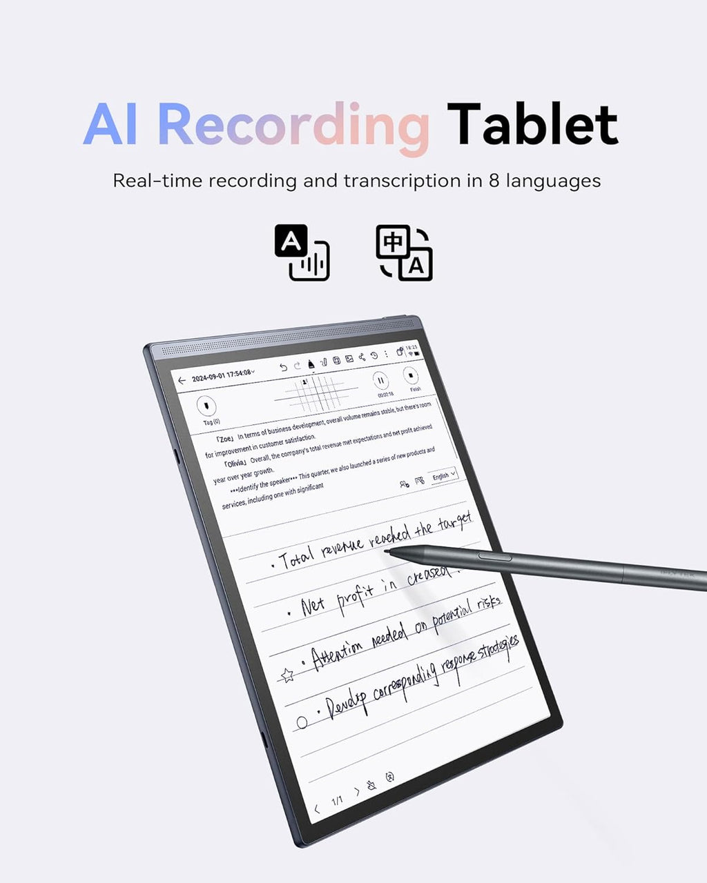 AINOTE Air 2 Bundle – 8.2'' Digital Writing Tablet with Pen, Smart Voice-to-Text Notes, Multilingual Transcription, ChatGPT Integration, Includes Black Folio Case