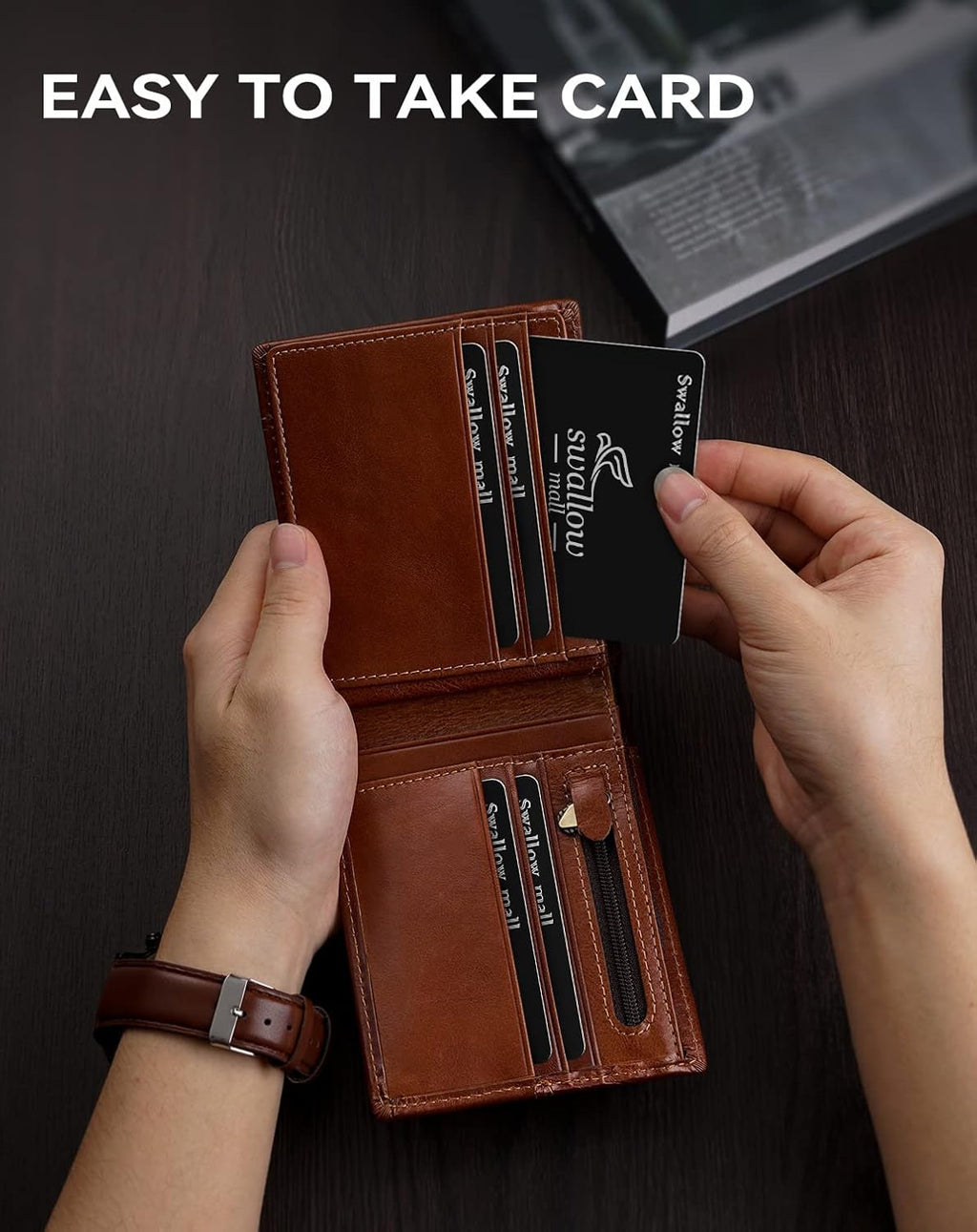 Swallowmall Mens Wallet Rfid Blocking Genuine Leather Bifold Wallets with 1 ID Window 15 Card Slots