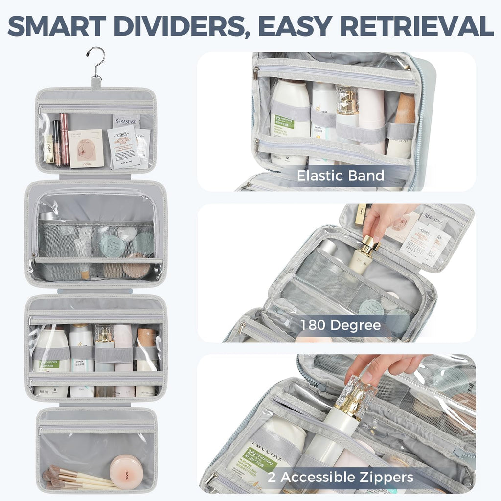 Toiletry Bag For women,Portable Hanging Organizer,4 Leakproof Compartment for full-sized Conditioner, Brushes Set, Makeup Accessories,Visible and easy to access.M-blue