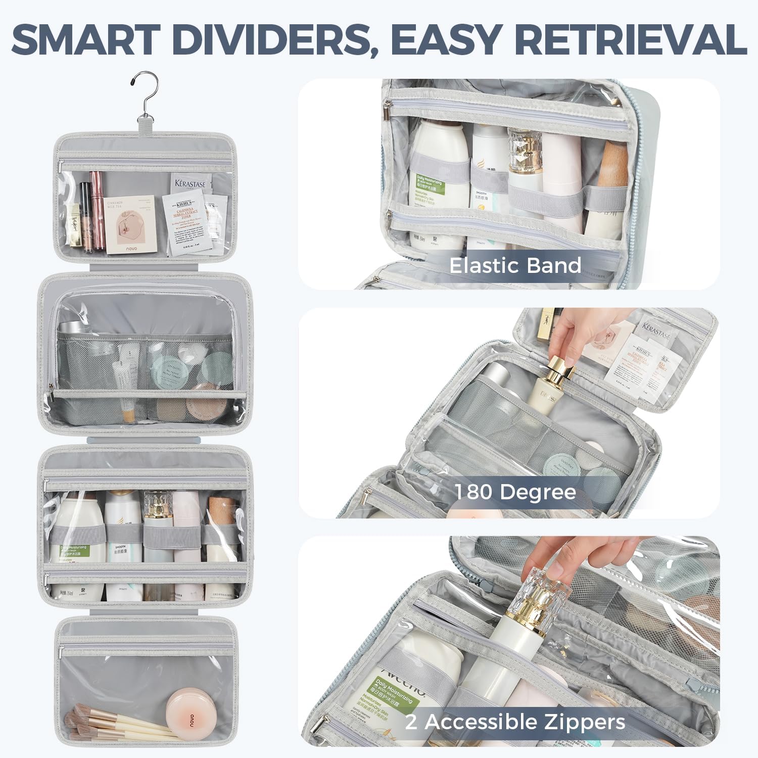 Toiletry Bag For women,Portable Hanging Organizer,4 Leakproof Compartment for full-sized Conditioner, Brushes Set, Makeup Accessories,Visible and easy to access.M-blue