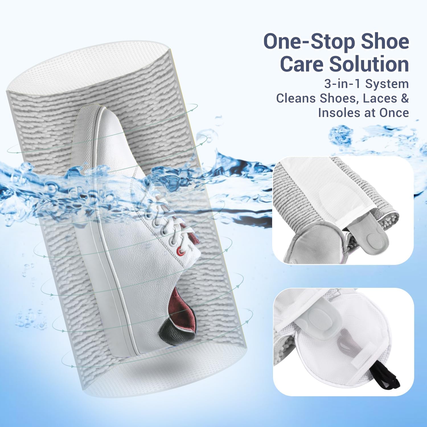 Shoe Washing Machine Bag with 2 Mesh Pockets, One-Step Shoe Laundry Bag for Wash Laces, Insoles & Socks, Reusable Sneaker Cleaning Bag Invisible Zipper for Washer Dryer Safe (2Pcs Grey)