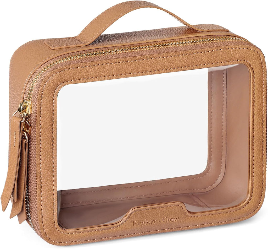 PACKISM Medium Clear Makeup Bag - Pebbled Texture & Hard PU Leather Car Bag for Organizing Car Consoles, with Message Card Clear Cosmetic Makeup Case for Women Gift (Khaki Medium)