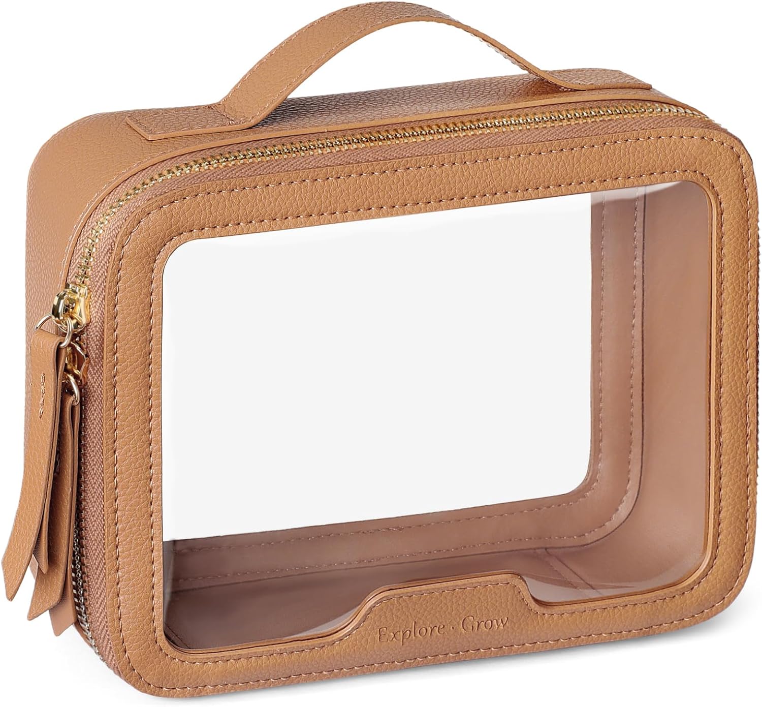 PACKISM Medium Clear Makeup Bag - Pebbled Texture & Hard PU Leather Car Bag for Organizing Car Consoles, with Message Card Clear Cosmetic Makeup Case for Women Gift (Khaki Medium)