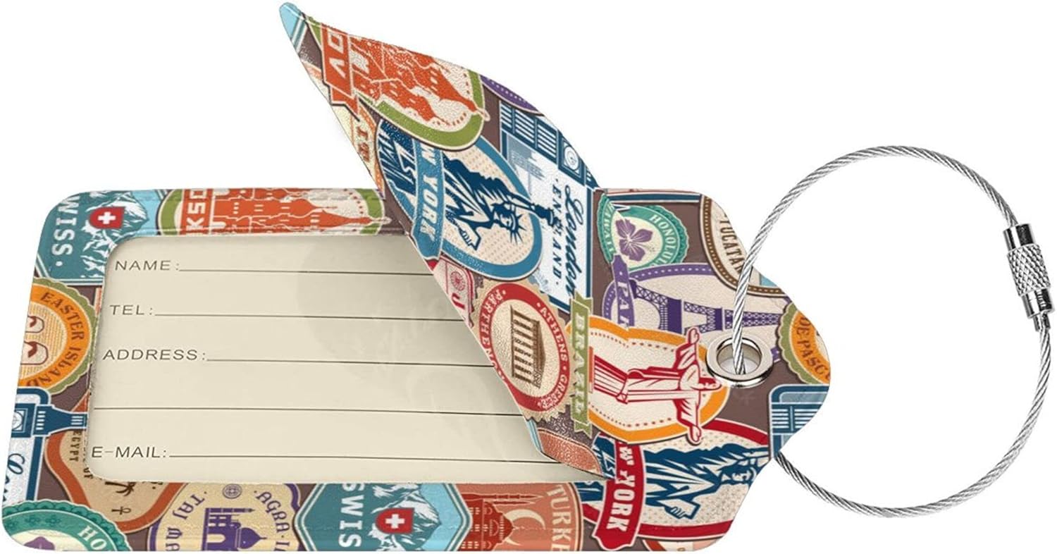 2 Pack Landmark Sticker Luggage Tags for Suitcases Women Men Kids, Bag Tags for Leather Luggage with Waterproof Suitcase Tags Privacy Cover Name ID Label Steel Loop for Travel Bag Suitcase
