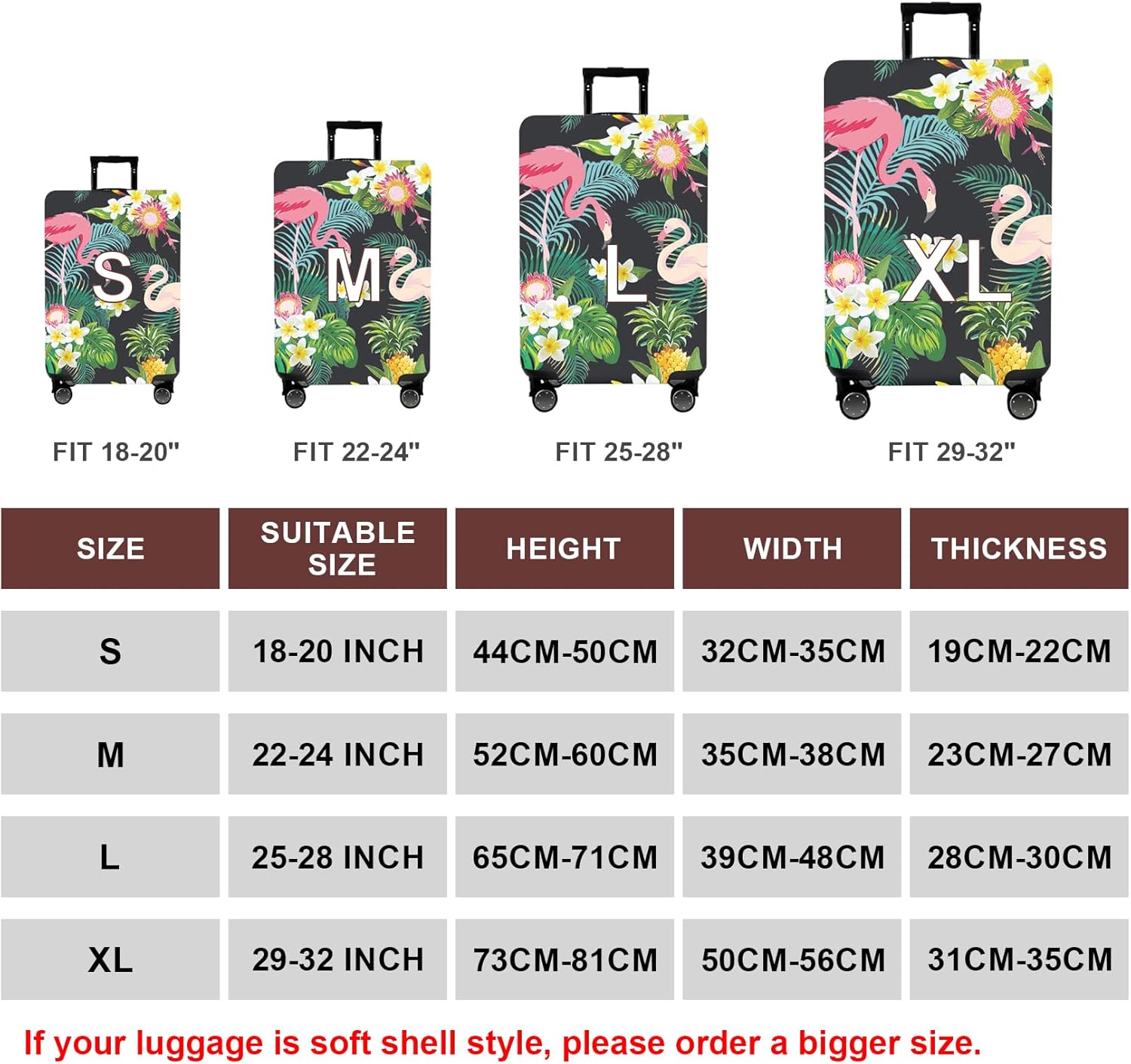 WUJIAONIAO Travel Luggage Cover Baggage Suitcase Protector Fit for 18-32 Inch Luggage (S (for 18-20 inch luggage), Flower flamingo)
