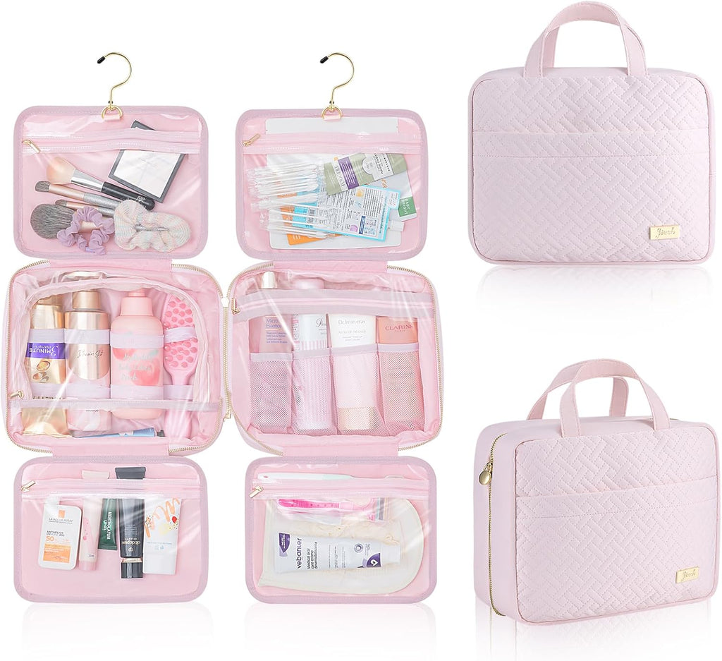 Hanging Travel Toiletry Bag for Women Detachable Toiletry Bag with 6 Compartments Large Makeup Bag Cosmetic Organizer for Bathroom Shower Business Trips Camping, Pink