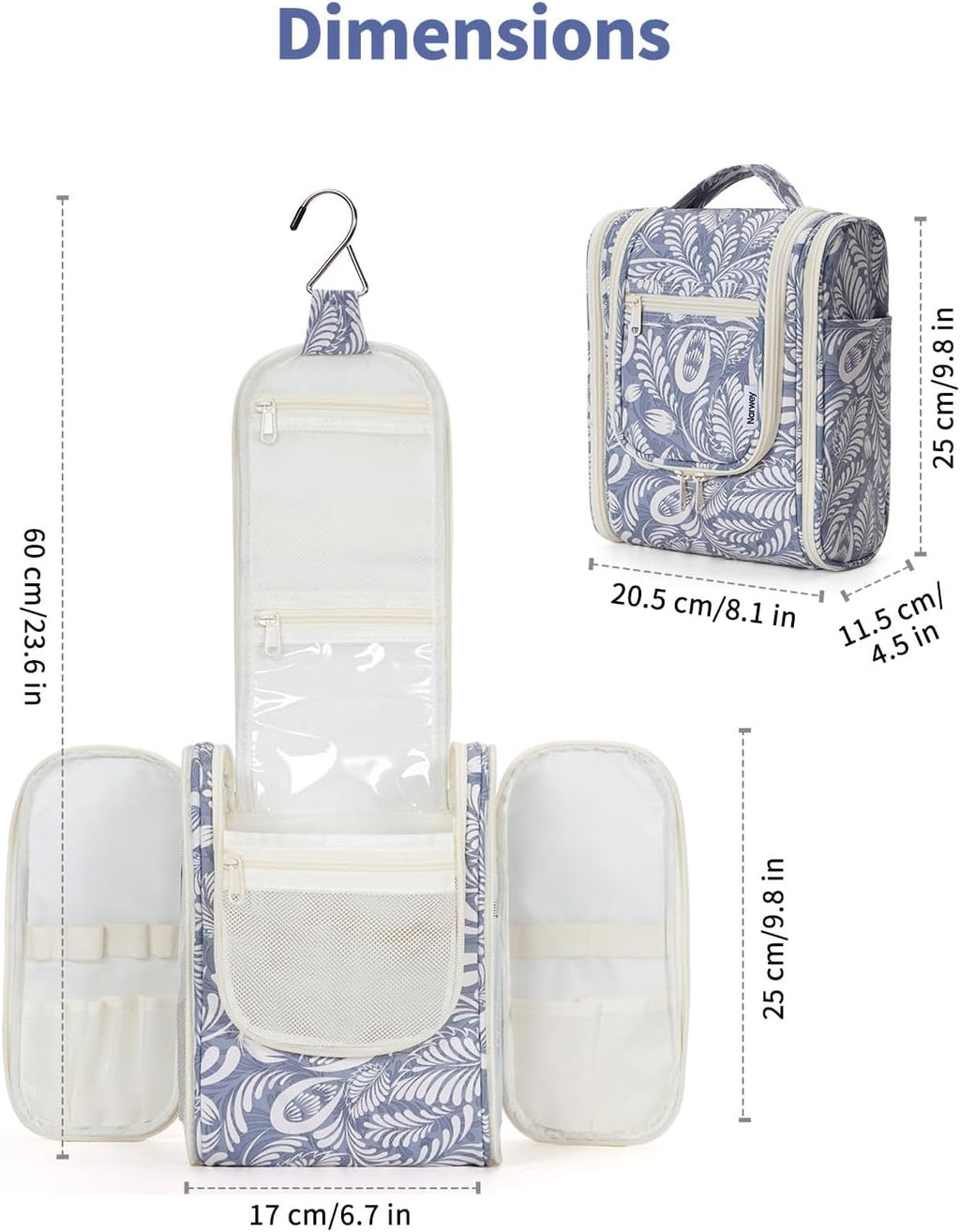 Narwey Small Hanging Toiletry Bag Women Travel Makeup Bag Organizer Toiletries Bag for Travel Size Essentials Accessories Cosmetics (Medium, Blue Leaf)