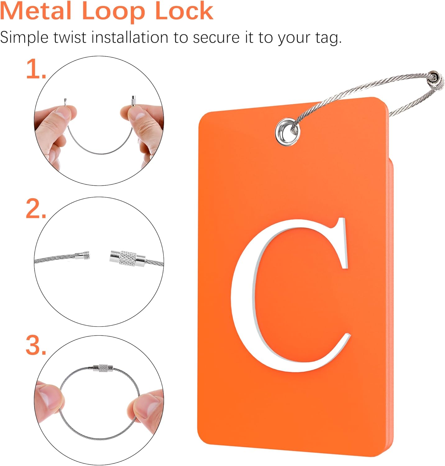 Gostwo 2 Pack Luggage Tags for Suitcases, 26 Initial Letter Travel Luggage Baggage Identification Labels ID Tag Fully Bendable Tags with Stainless Steel Loop (Orange) (Letter C)