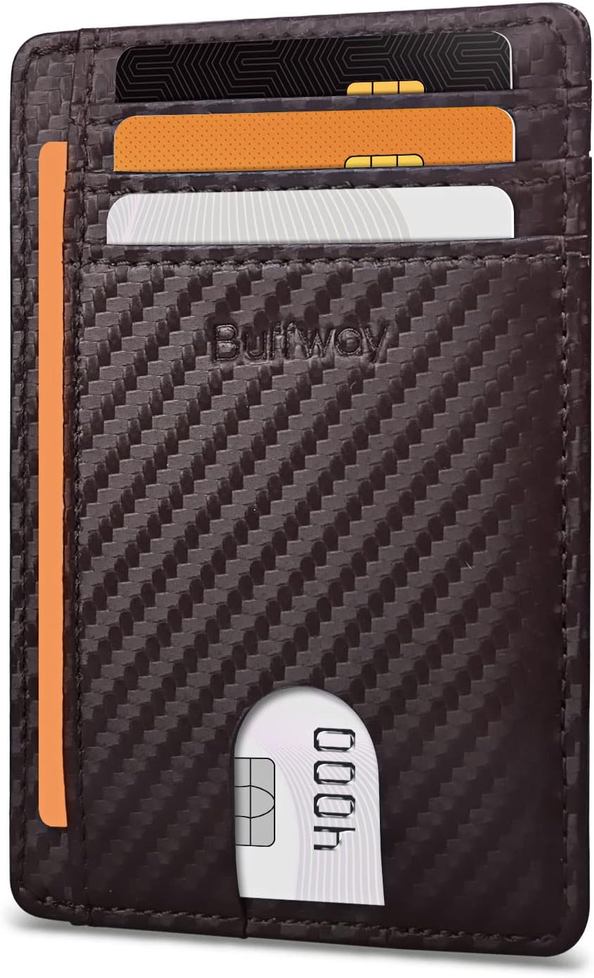 Buffway Slim Minimalist Front Pocket RFID Blocking Leather Wallets for Men and Women - Carbon Fiber Coffee