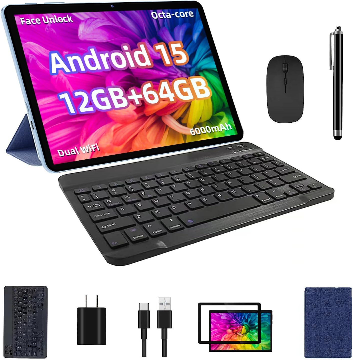 2025 Android 15 Tablet, 12GB+64GB+1TB Expand, 10 Tablet Productivity Bundle with Keyboard Case, Stylus Pen, Octa-core CPU, Dual Camera, WiFi6, 6000mAh Battery+18W Fast Charge, Support Face Unlock