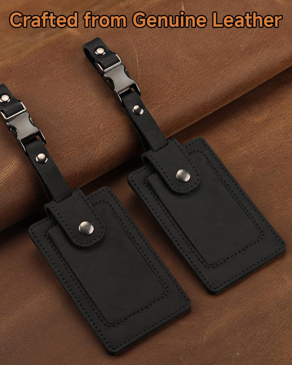 Premium Genuine Leather Luggage Tags for Suitcases - Quick Release, Privacy Protection, Elegant and Durable, Travel Essential Luggage Tag - 2 Pack Black
