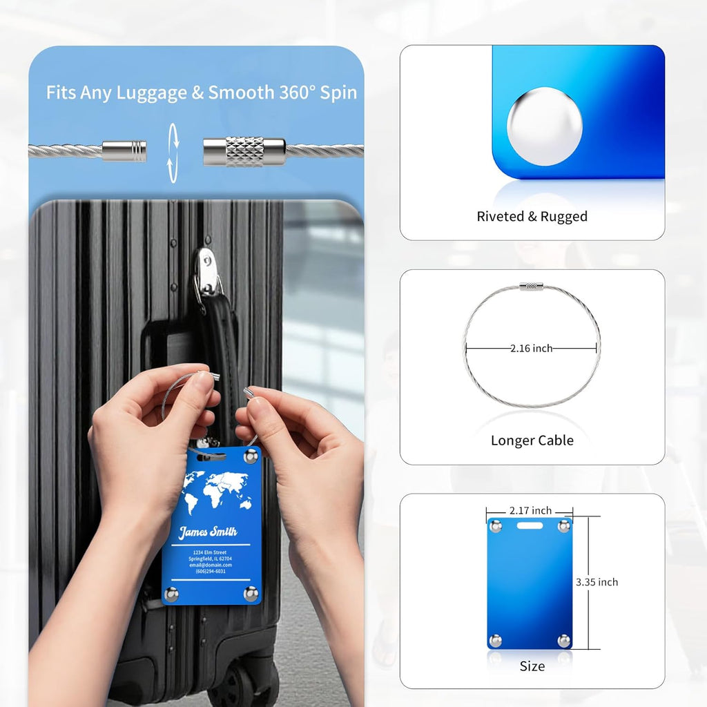 3 Pack Personalized Luggage Tags for Suitcases, Handmade Engraved Stainless Steel Custom Luggage Tags for Cruise Travel with Stainless Loop, Suitcase Identifier Metal Name Baggage Tag