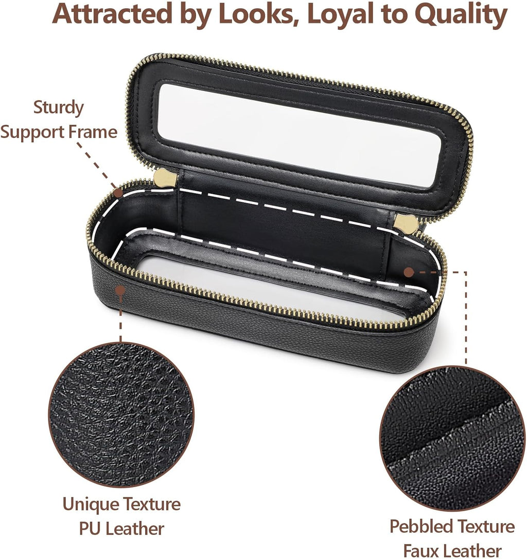 PACKISM Slim Clear Makeup Brush Bag, Pebbled Texture & Hard PU Leather Small Cosmetic Brush Holder, Mini Toiletry Bag Make up Bags with Message Card, Cute Travel Essentials Bag (Black)
