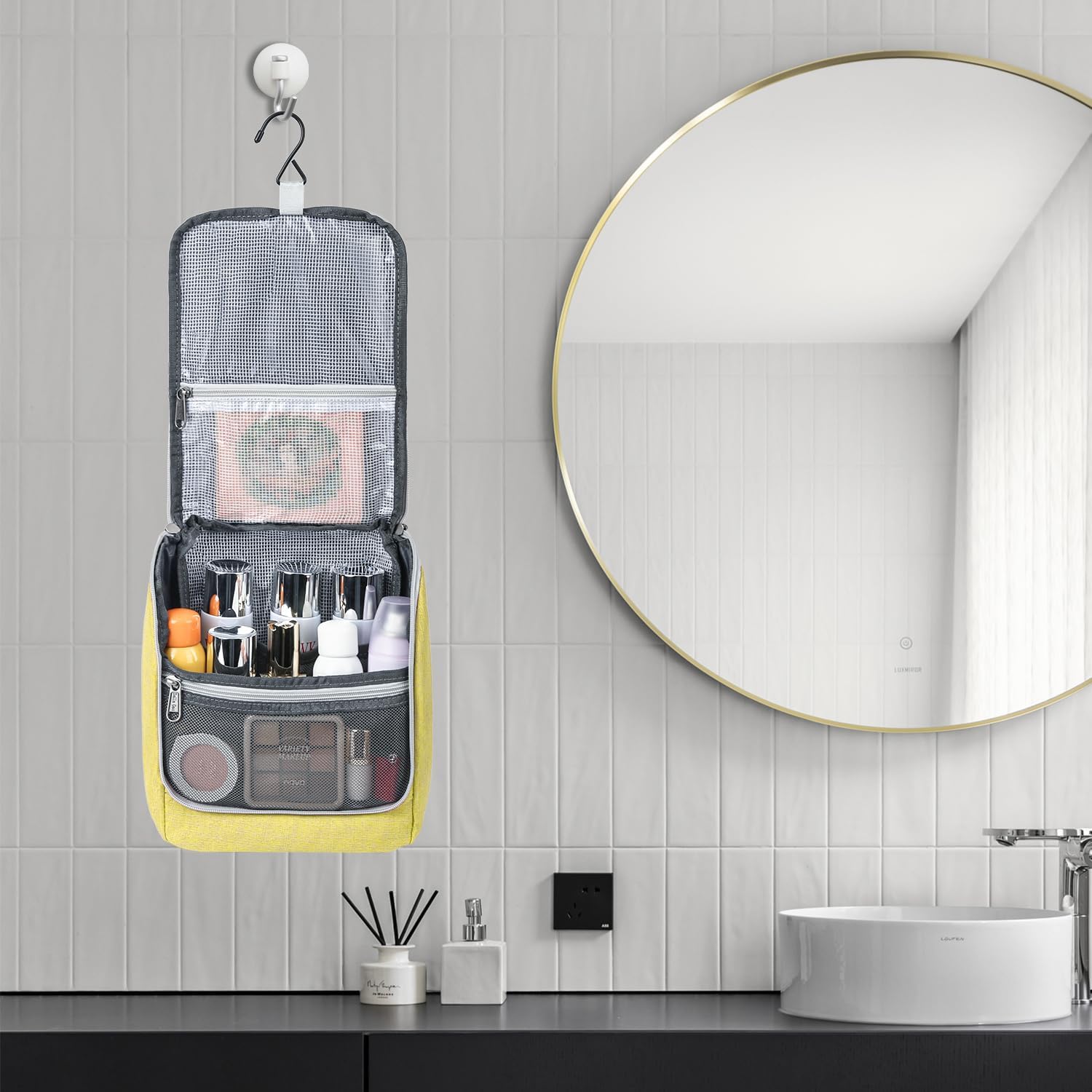 Travel Hanging Toiletry bag for Men & Women, Water-resistant Sturdy Nylon Toiletries Organizer for Cosmetics, Makeup Brushes, Shaving Tools, Bathroom Bag, Yellow