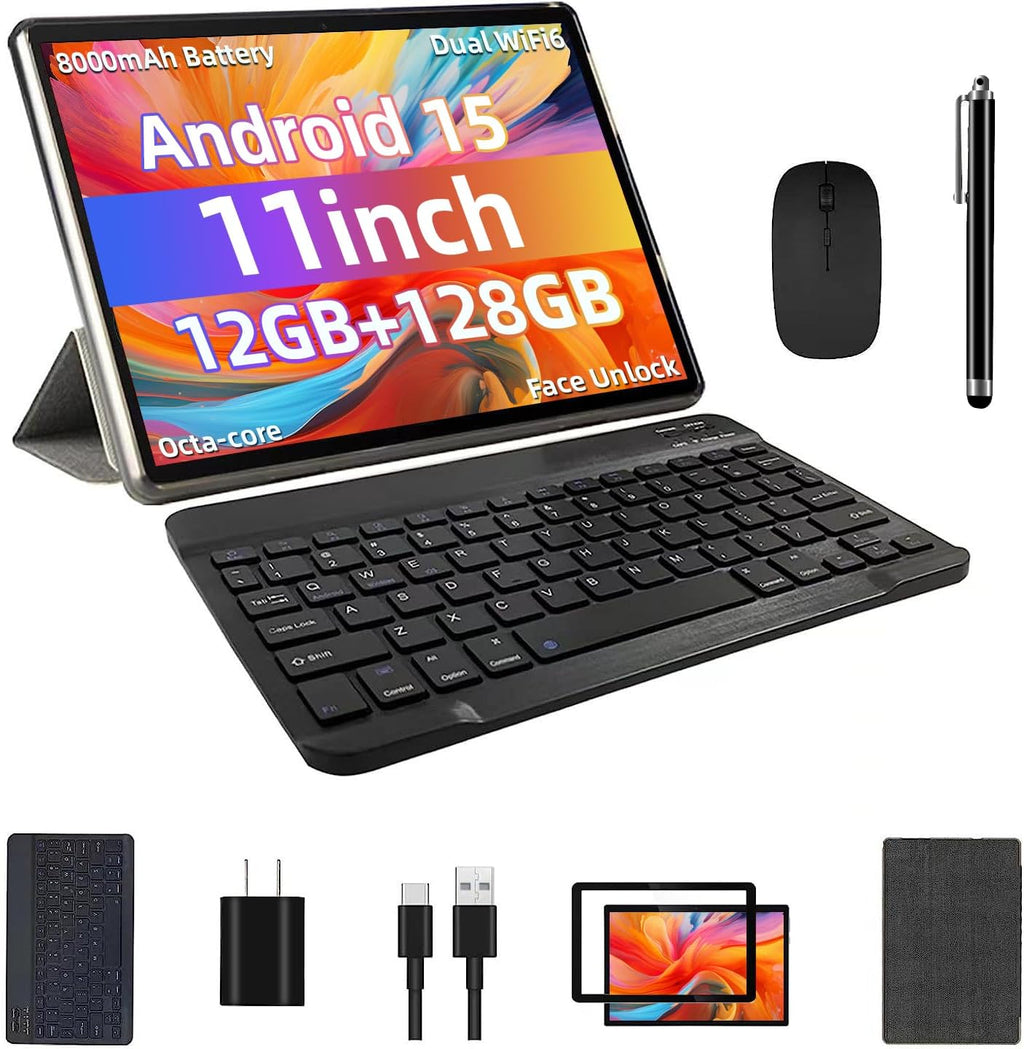Android 15 Tablet, 12GB+128GB +1TB Expand, Face Unlock, 8000mAh Big Battery+18W Fast Charging, Dual Stereo Speakers, Octa-core CPU, WiFi6, BT5.0,Touchscreen Display, 11inch 2in1 Tablet PC Tableta