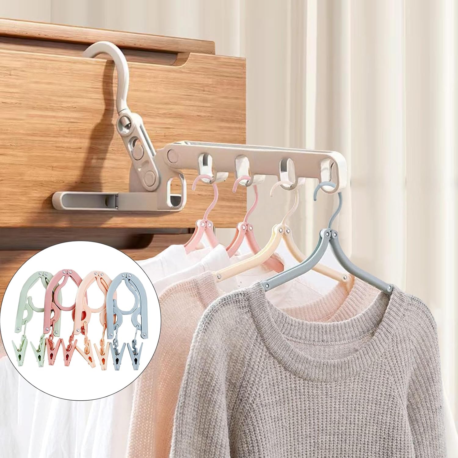 Portable Foldable Clothes Hanger, Plastic Travel Foldable Coat Hangers Clothes Drying Rack with 5 Holes Folding Hangers with Clips for Travel (2 Racks+5 Hanger)