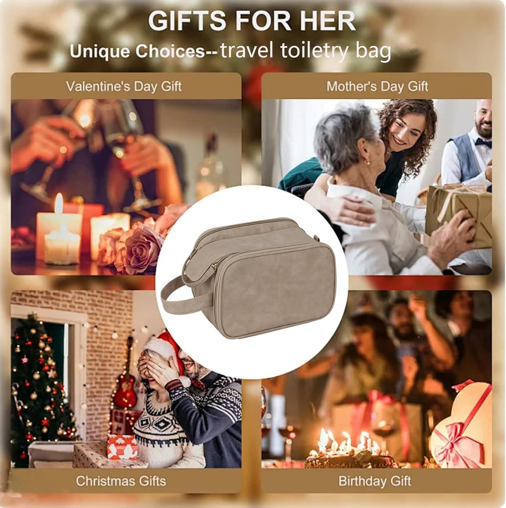 Travel Toiletry Bag for Women PU Leather Triple-layer Double Zipper Toiletry Bags,Waterproof with Handle Mens Toiletry Bag Stowable Brushes, Toiletries Makeup for Business Trips Camping Bathroom Brown