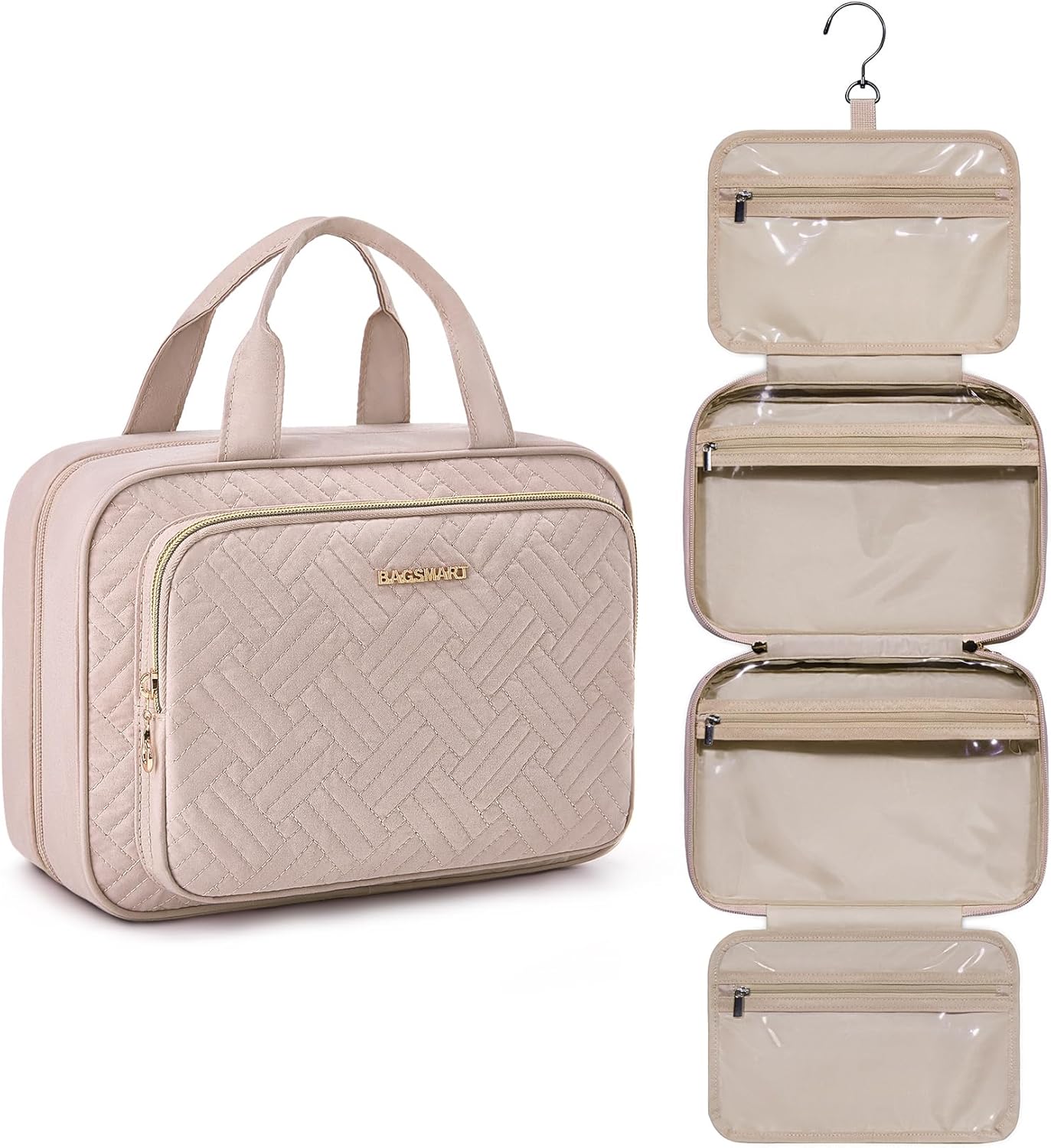 BAGSMART Travel Toiletry Bag Hanging Travel Makeup Organizer Cosmetic Bag Makeup Bag for Full Sized Toiletries, Basic-Pink