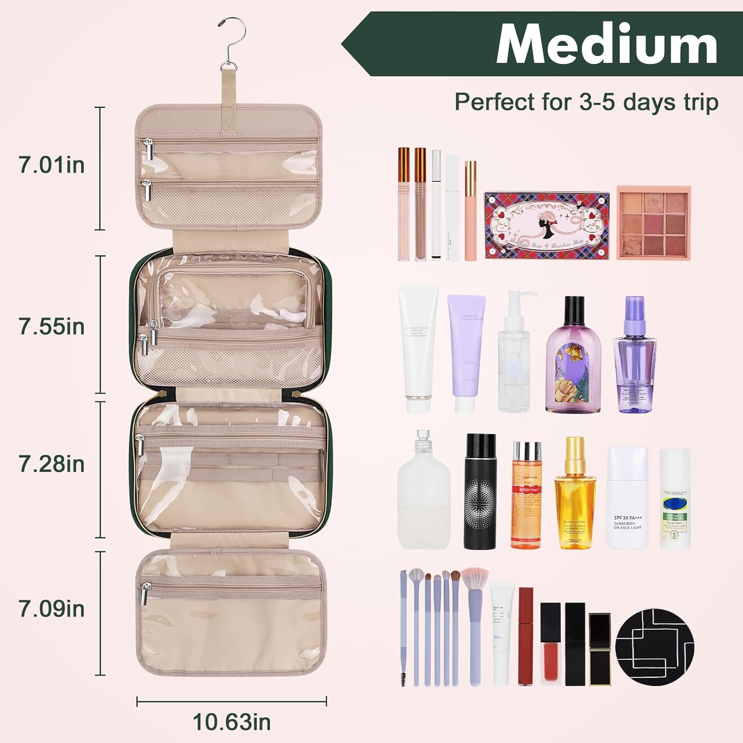 Wedama Toiletry Bag for Women, Medium Cosmetic Travel Bag, Hanging Toiletry Bag for Bathroom, Thickened PVC Waterproof Makeup Bag, Toiletries Bag for Travel Business Trips and Camping, Dark Green