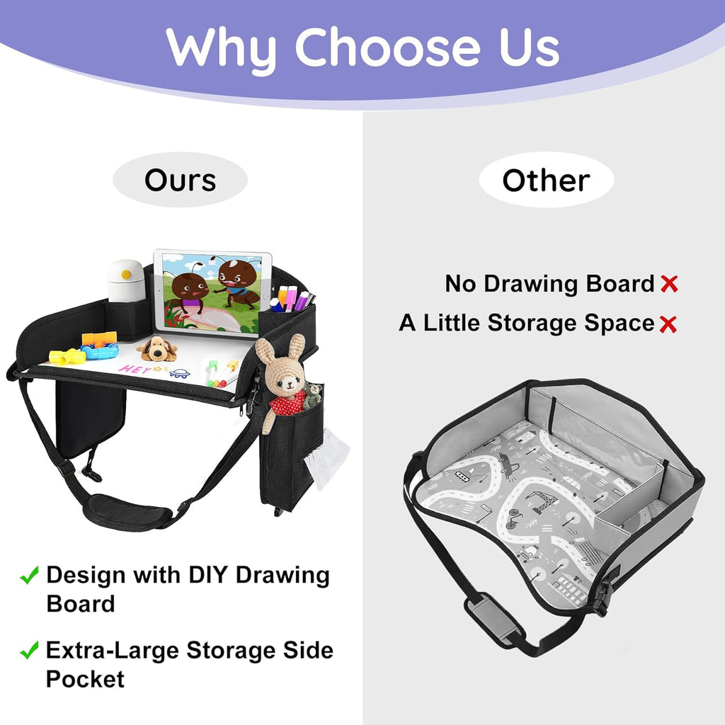2Pcs ‎Kids Travel Tray, Kids Travel Trays for Car Seat, Road Trip Essentials for Toddler, Carseat Lap Tray with Dry Erase Board & Storage Organizer for Road Trip Activities for Kid, Black