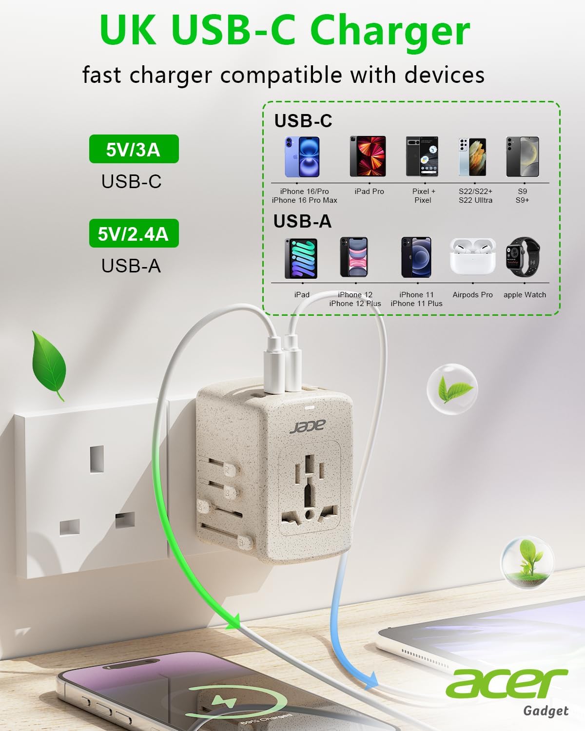 Acer Universal Travel Plug Adapter - International Power Adapter with 5 USB Ports (3 USB C) 5.8A, Worldwide Outlet Charger for USA to European UK France Germany Spain, Type C/E/F/G/I/L/A,Beige