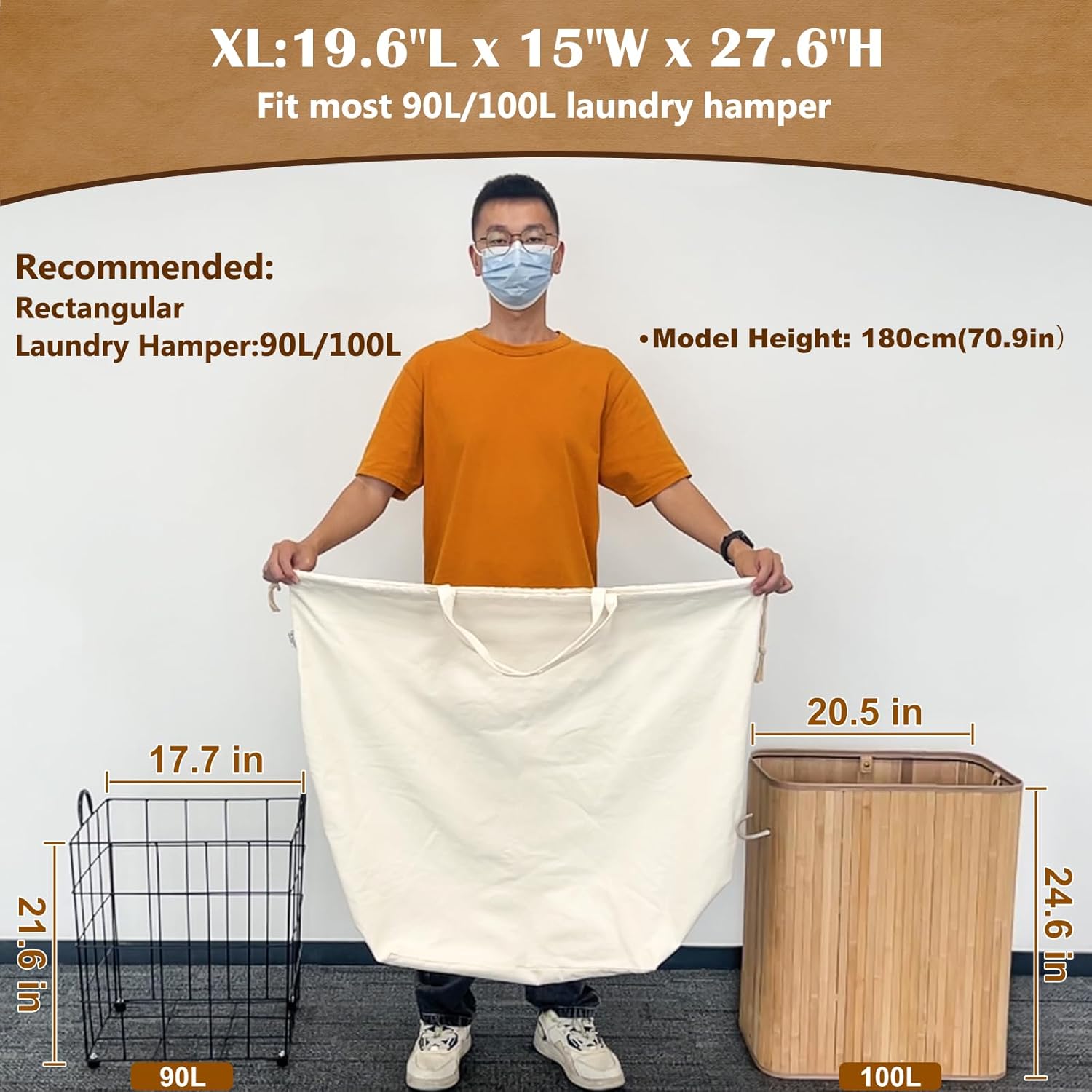 Canvas Laundry Bags with Handles & Rectangular Base, 90L Extra Large Heavy Duty Laundry Basket Hamper Liner Replacement, Washable Cotton Drawstring Dirty Clothes Bag