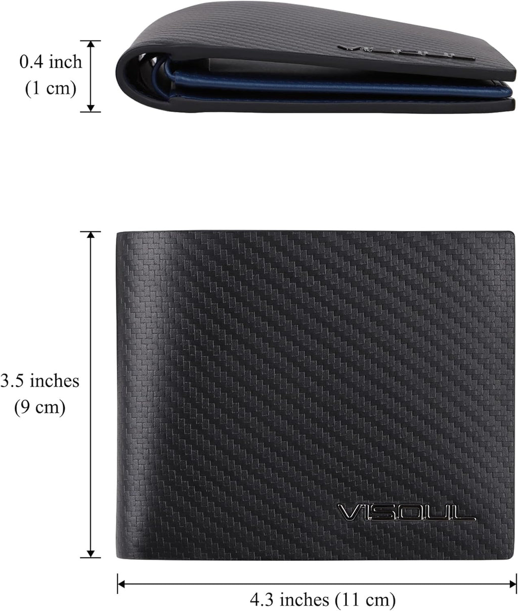 VISOUL Leather Mens Bifold RFID Blocking Wallet with 2 ID Windows, Leather Wallet for Men (Carbon Fiber, Black+Blue)