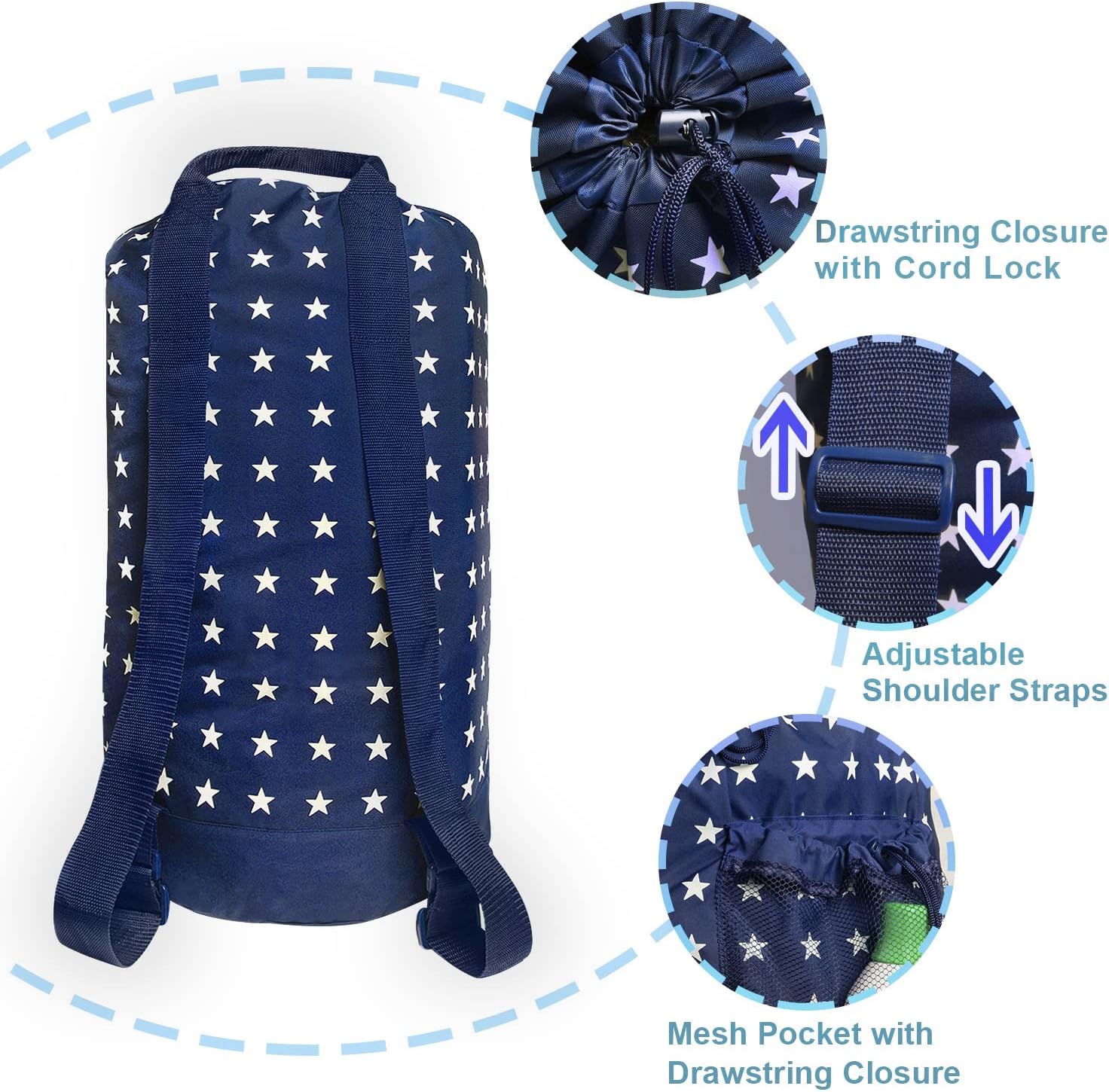 Dalykate Backpack Laundry Bag, Laundry Backpack with Shoulder Straps and Mesh Pocket Durable Nylon Clothes Hamper Bag with Drawstring Closure for College, Travel, Laundromat, Apartment