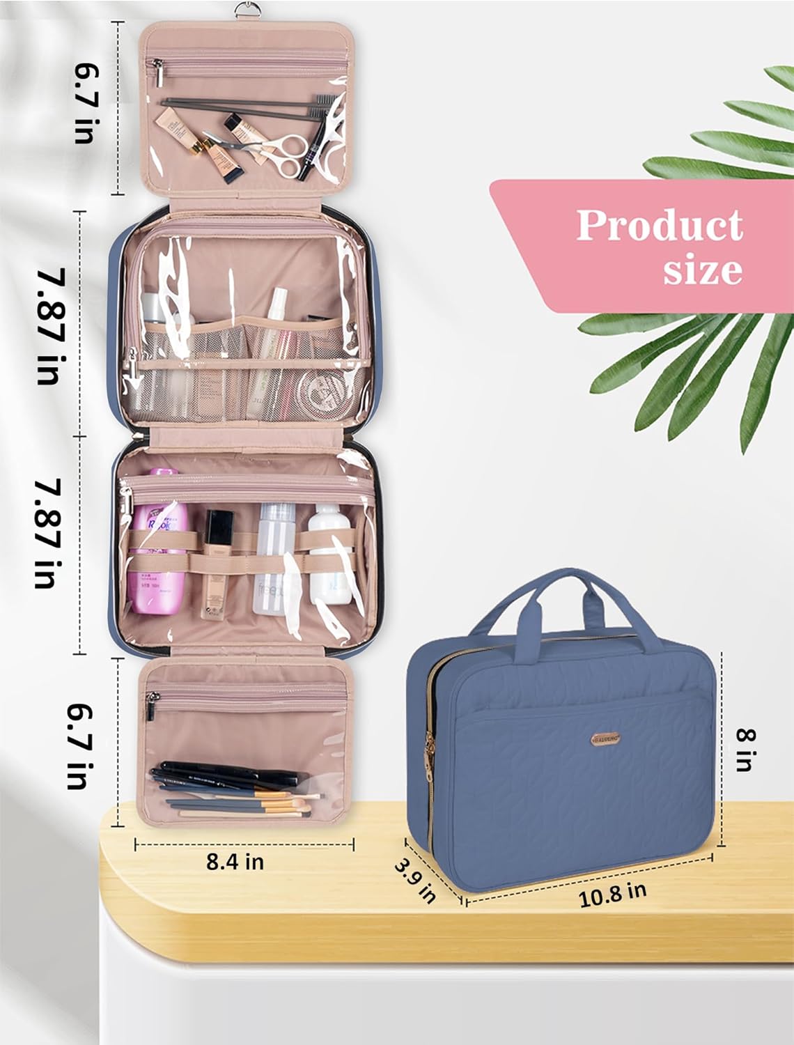 BALHLHG Toiletry Bag for Women with Hanging Hook, Medium Travel Makeup Organzier Bag, Water-resistant Cosmetic Travel Bag Toiletries Bag for Bathroom, Trip,Business, Greyblue