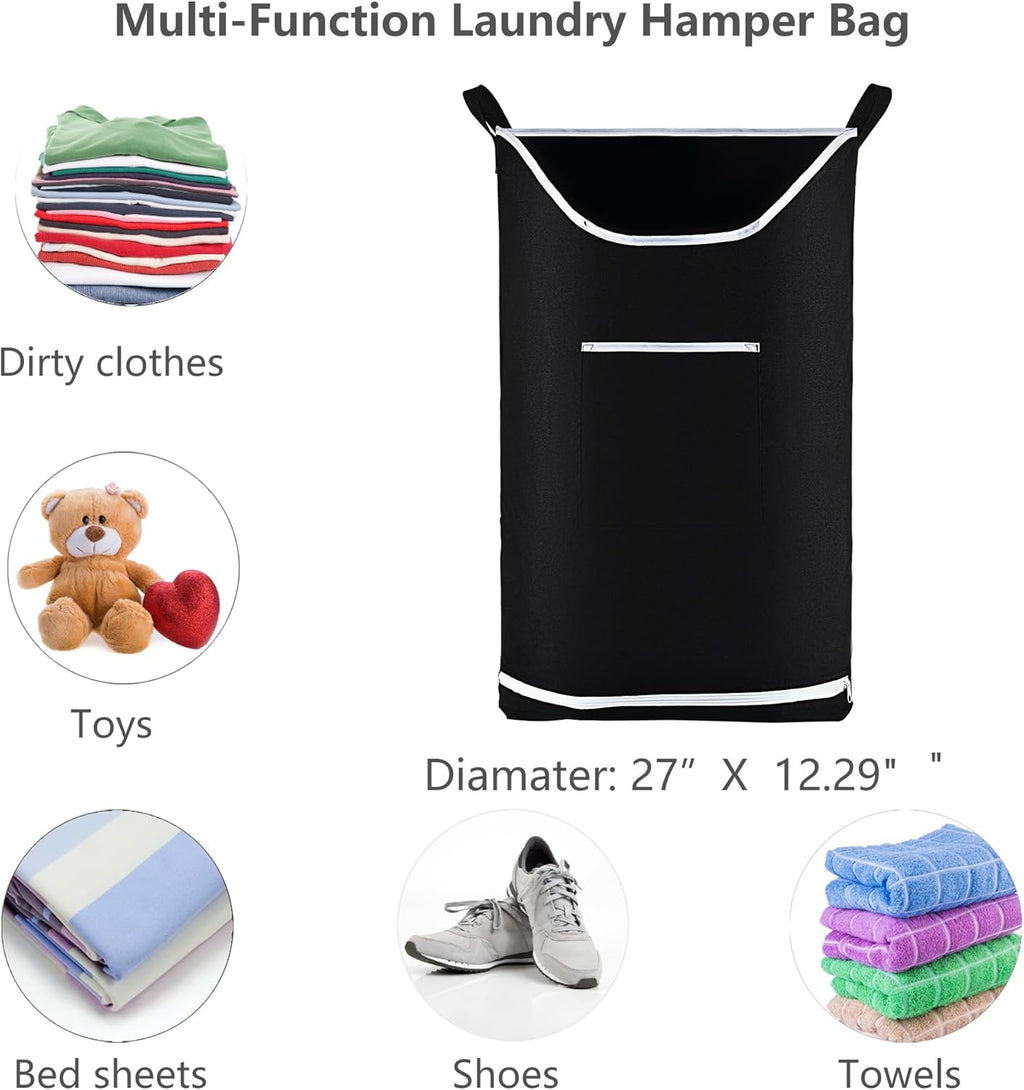 Hanging Laundry Hamper Bag Behind Door Hampers for Laundry Hanging Save Space Zipper Laundry Hamper Door Hanging with 2 PCs Stainless Steel Hooks Suction Hooks for Wall/Bathroom (Black)