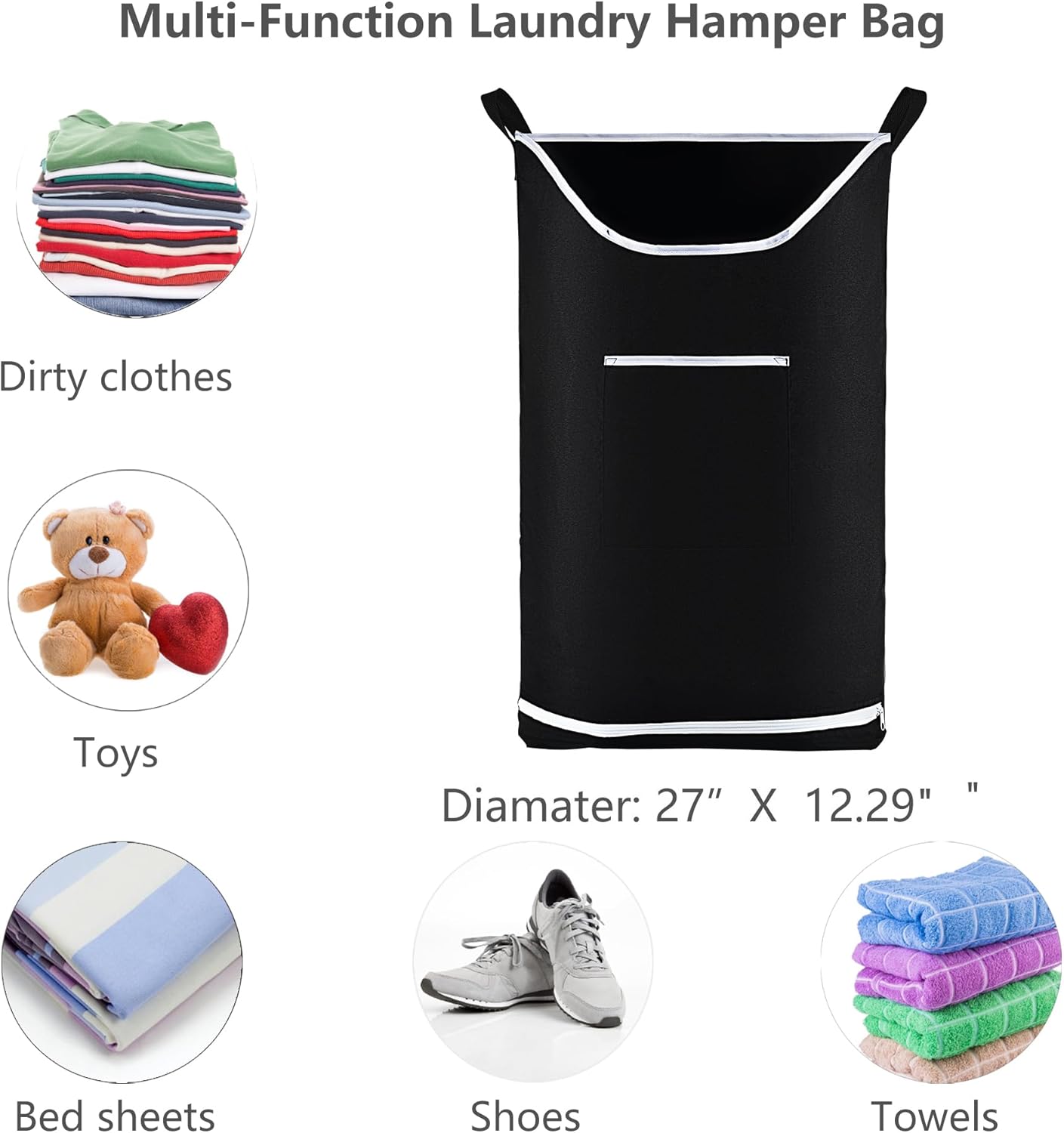 Hanging Laundry Hamper Bag Behind Door Hampers for Laundry Hanging Save Space Zipper Laundry Hamper Door Hanging with 2 PCs Stainless Steel Hooks Suction Hooks for Wall/Bathroom (Black)