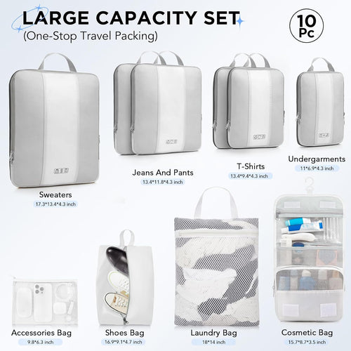 10 Set Compression Packing Cubes for Travel Essentials,Compressible Expandable Packing Cubes for Suitcase,OlarHike Luggage Organizer Bags for Travel,Handy Helper for Organizing Clothes(White)