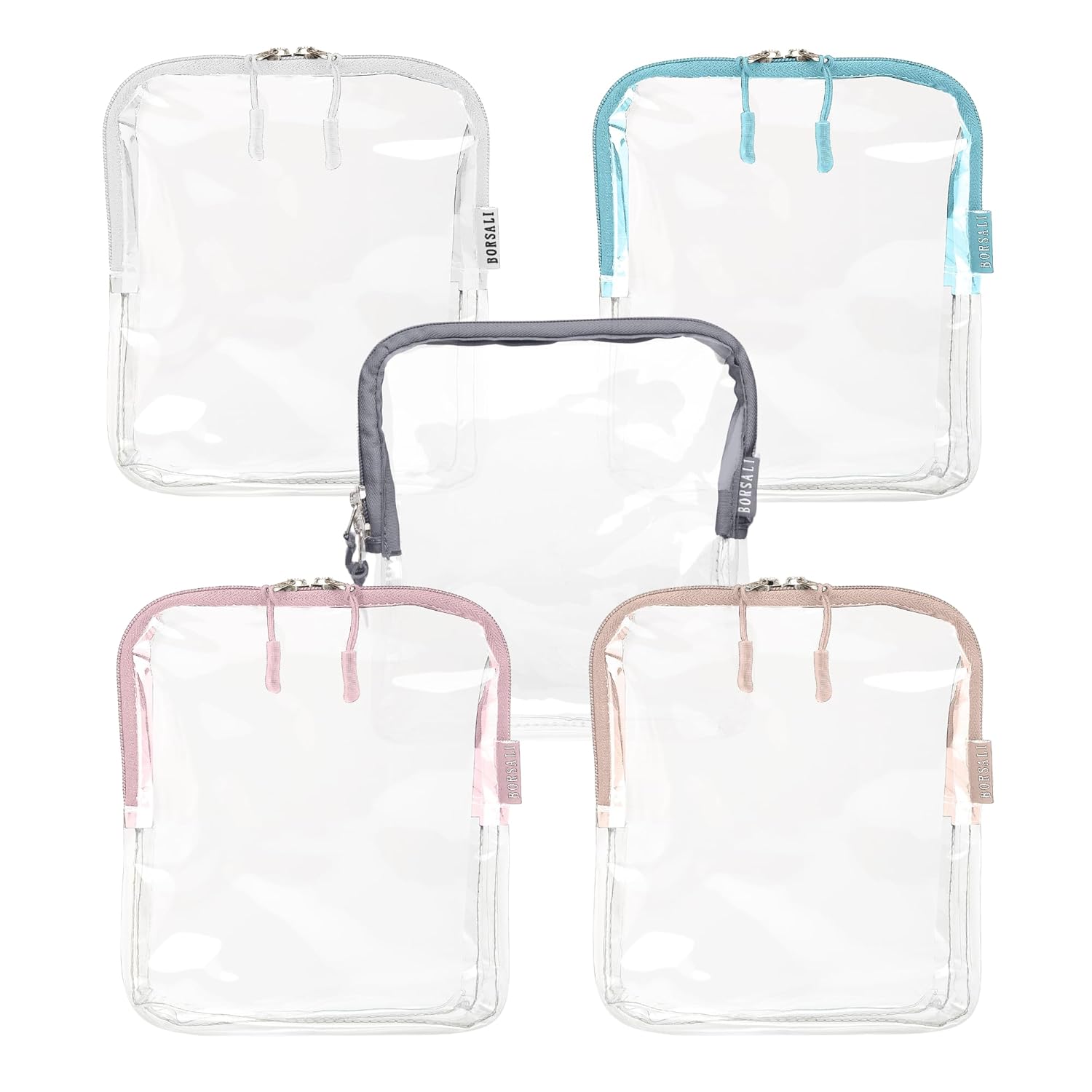 BORSALI TSA-Approved Quart-Sized Bag for Carry-On Travel - One (1) Quart Clear Toiletries, Cosmetic and 3-1-1 Liquids Toiletry Bag - 5 Pack Colors