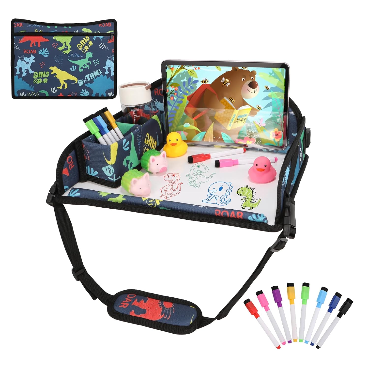 Kids Travel Tray for Airplane - Toddler Car Seat Table Tray, Road Trip Essentials for Boys & Girls, Carseat Lap Desk for Kids Road Trip Activities, Dinosaur