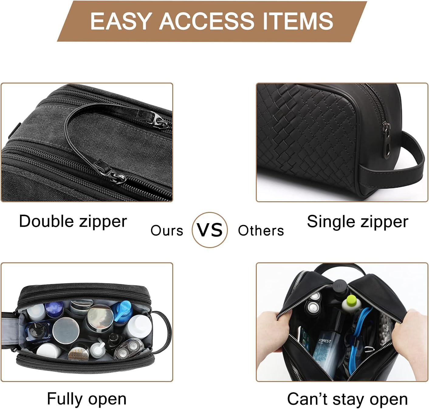 BAGSMART Toiletry Bag for Men, Canvas Travel Toiletry Organizer Dopp Kit Water-resistant Shaving Bag for Toiletries Accessories,Black-Medium