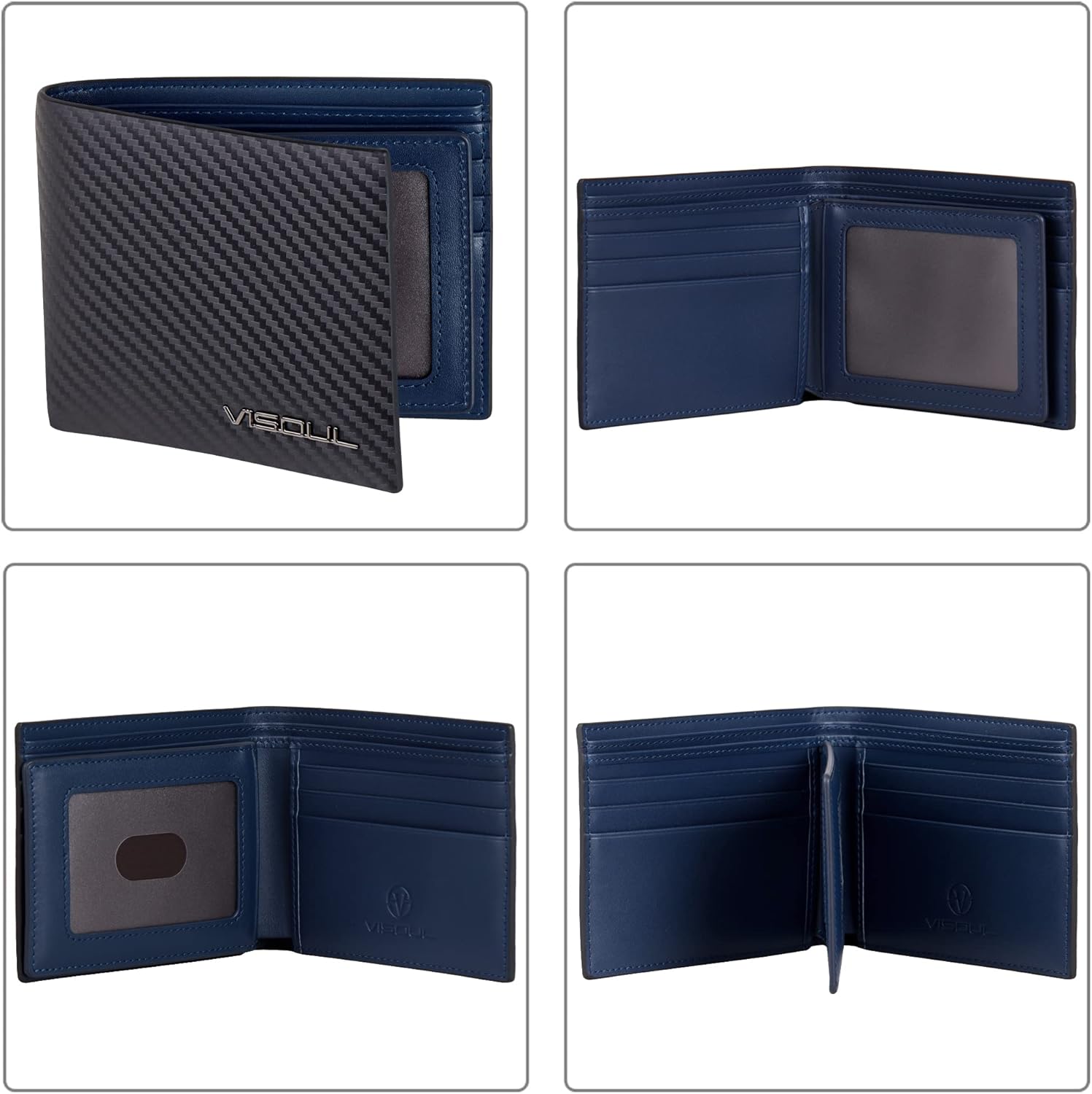 VISOUL Leather Mens Bifold RFID Blocking Wallet with 2 ID Windows, Leather Wallet for Men (Carbon Fiber, Black+Blue)
