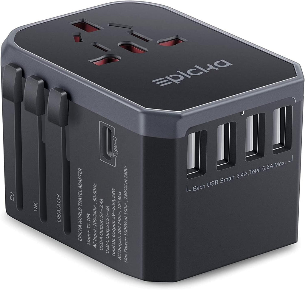 EPICKA Universal Travel Adapter, European Travel Plug Adapter (Not a Voltage Converter) - International Power Adapter Worldwide Charger with USB-C & 4 USB-A Ports, Travel Essentials (TA-105, Grey)