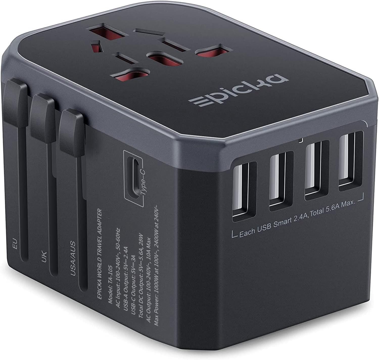 EPICKA Universal Travel Adapter, European Travel Plug Adapter (Not a Voltage Converter) - International Power Adapter Worldwide Charger with USB-C & 4 USB-A Ports, Travel Essentials (TA-105, Grey)