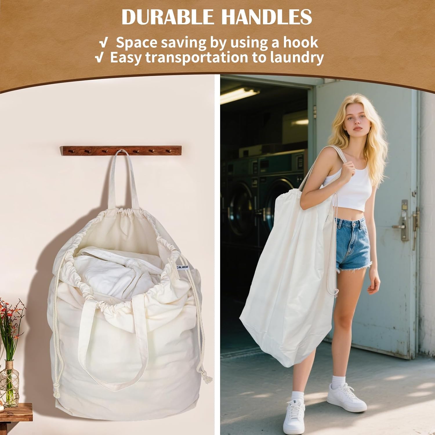 Canvas Laundry Bags with Handles & Rectangular Base, 90L Extra Large Heavy Duty Laundry Basket Hamper Liner Replacement, Washable Cotton Drawstring Dirty Clothes Bag