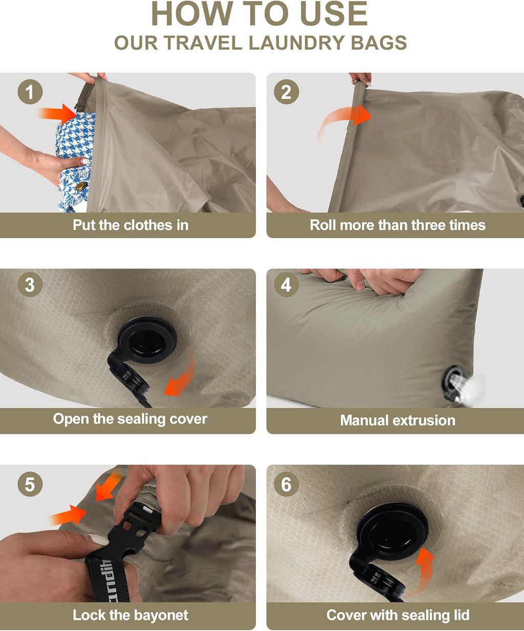 Travel Laundry Bag, Pump Free Vacuum Storage Bag Reusable Compression Dirty Clothes Travel Bag Waterproof Wet Dry Bags Large Capacity Space Saver Bags Camp Clothes Organizer (1 Pcs)(Gray, M)